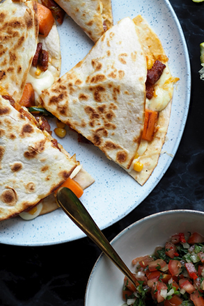 Sweet Potato, Chorizo, and Sweetcorn Quesadillas